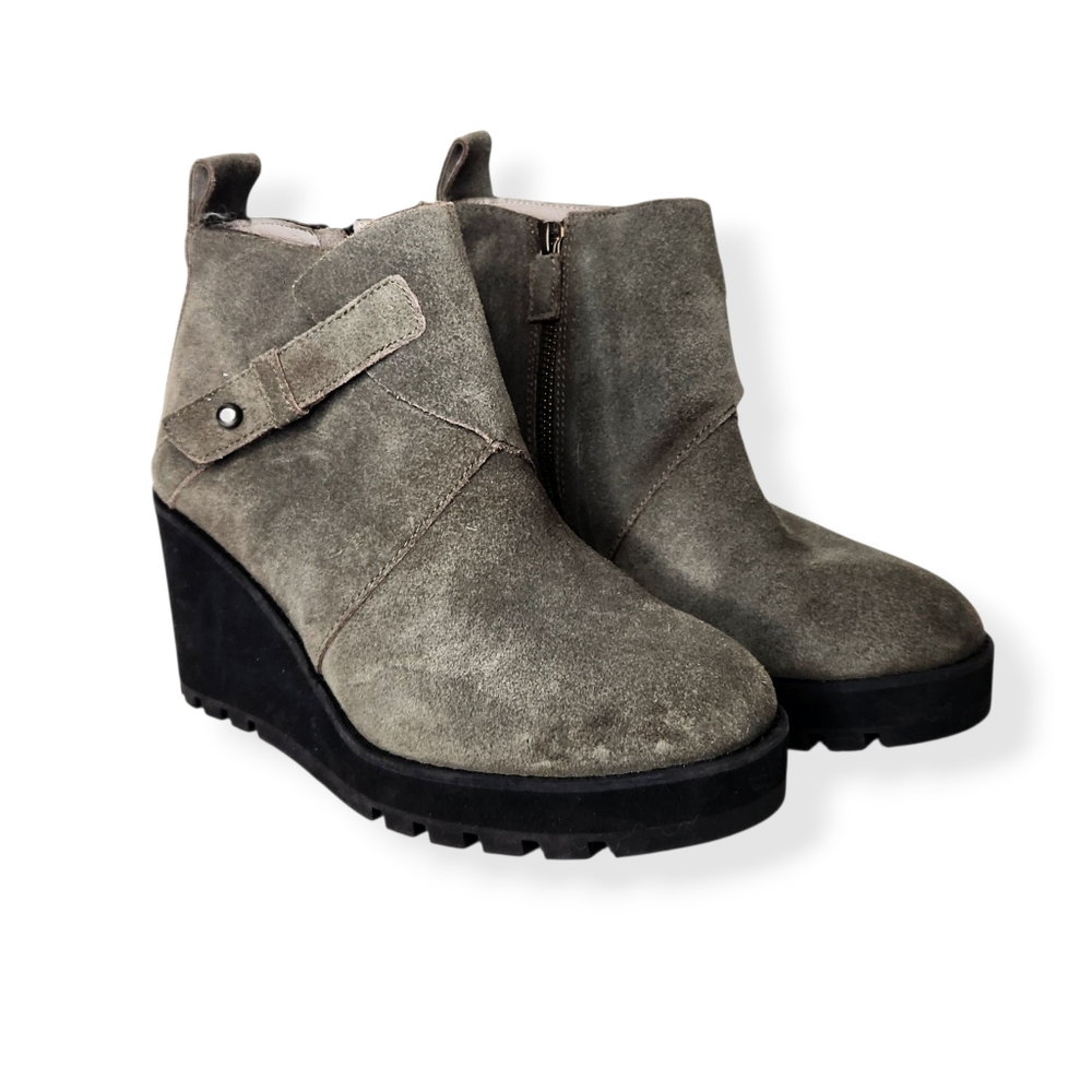 Eileen Fisher Tinker Gray Suede Leather Platform Wedge Boots Booties Size 7